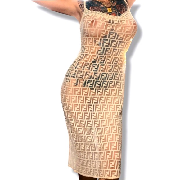 Fendi 1990s Zucca Monogram Logo Dress Sheer Nylon Lace Maxi Bodycon Slip Dress - Picture 13 of 17